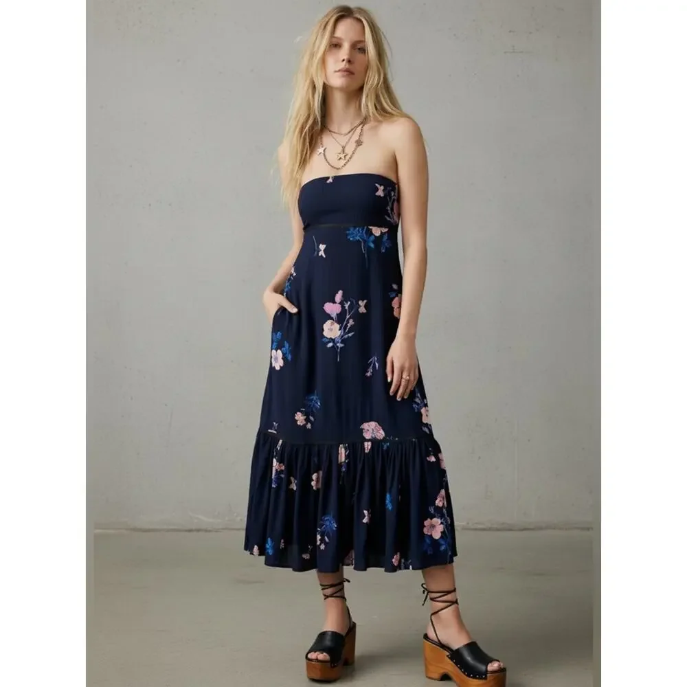 Free People Bohemian Rosie Posie Strapless Midi Dress Blue Floral Size Small